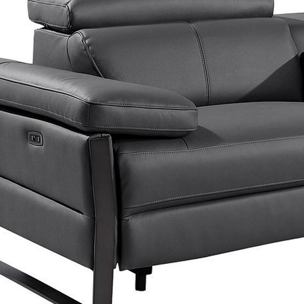 Dark Gray Top Grain Leather Reclining Metal USB Sofa - 169-inch