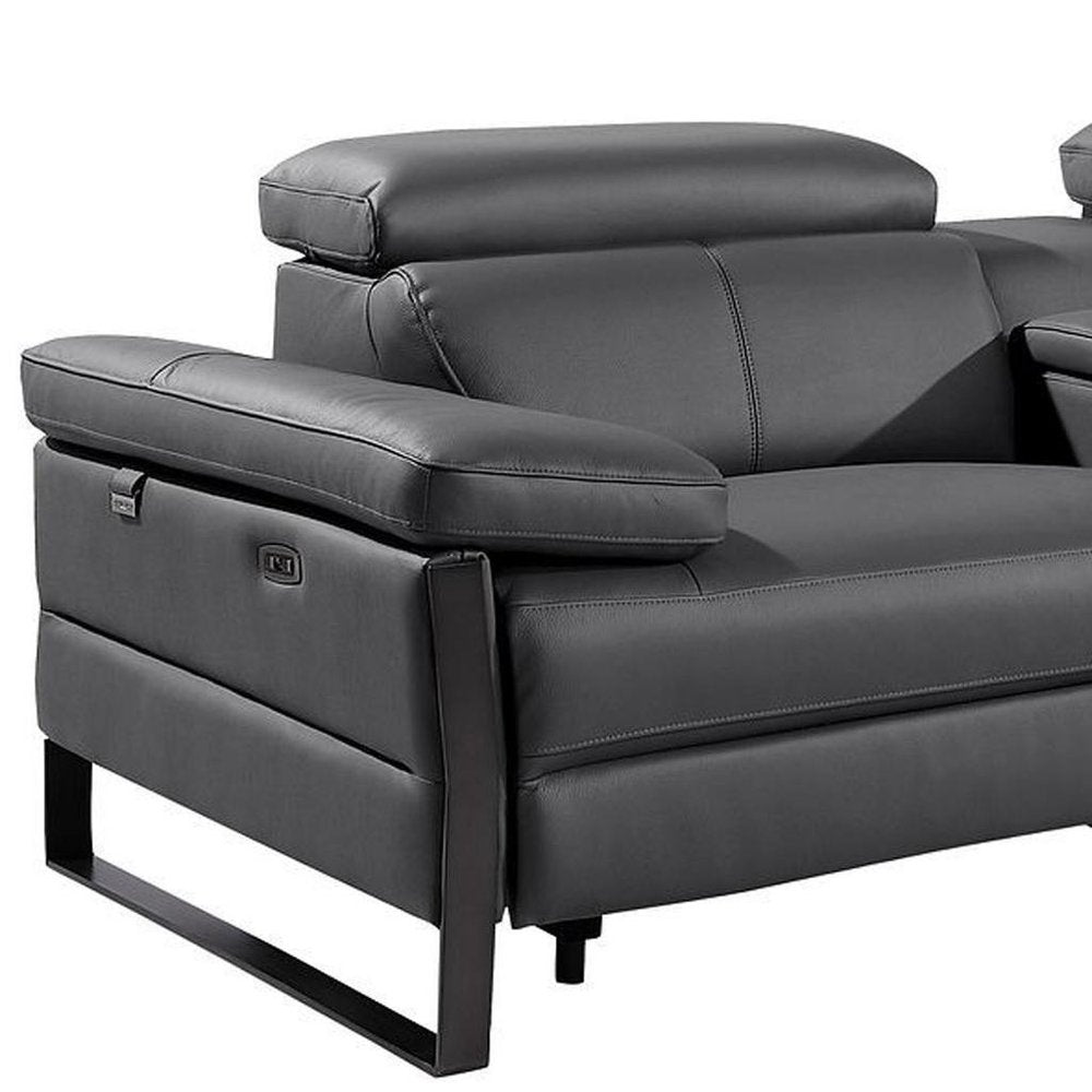 Dark Gray Top Grain Leather Reclining Metal USB Sofa - 169-inch