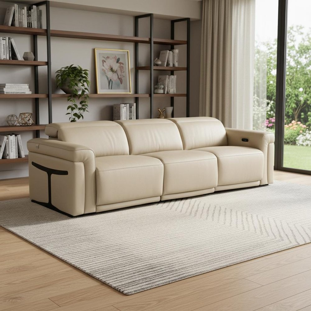Beige Top Grain Leather Reclining Metal USB Sofa - 100-inch