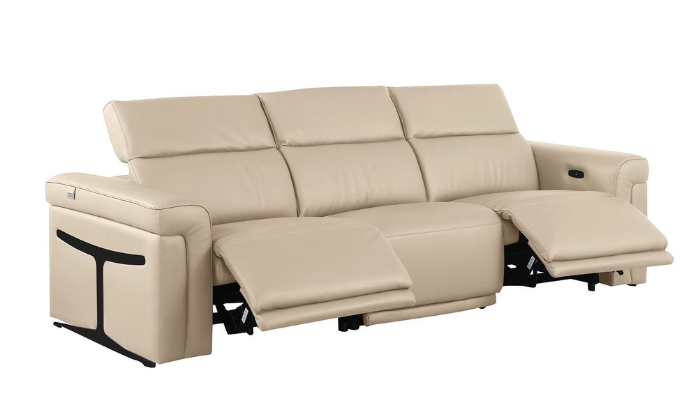 Beige Top Grain Leather Reclining Metal USB Sofa - 100-inch