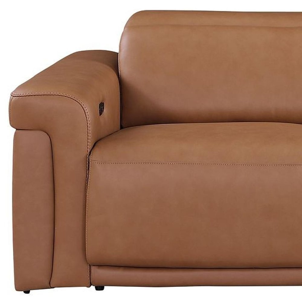 Beige Top Grain Leather Reclining Metal USB Sofa - 100-inch