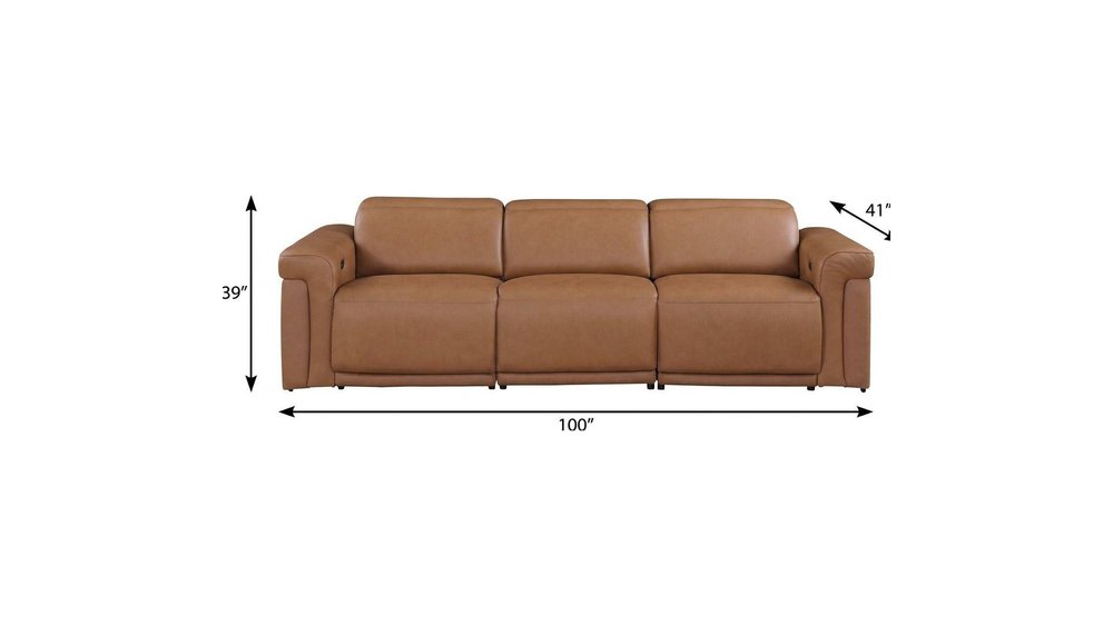 Beige Top Grain Leather Reclining Metal USB Sofa - 100-inch