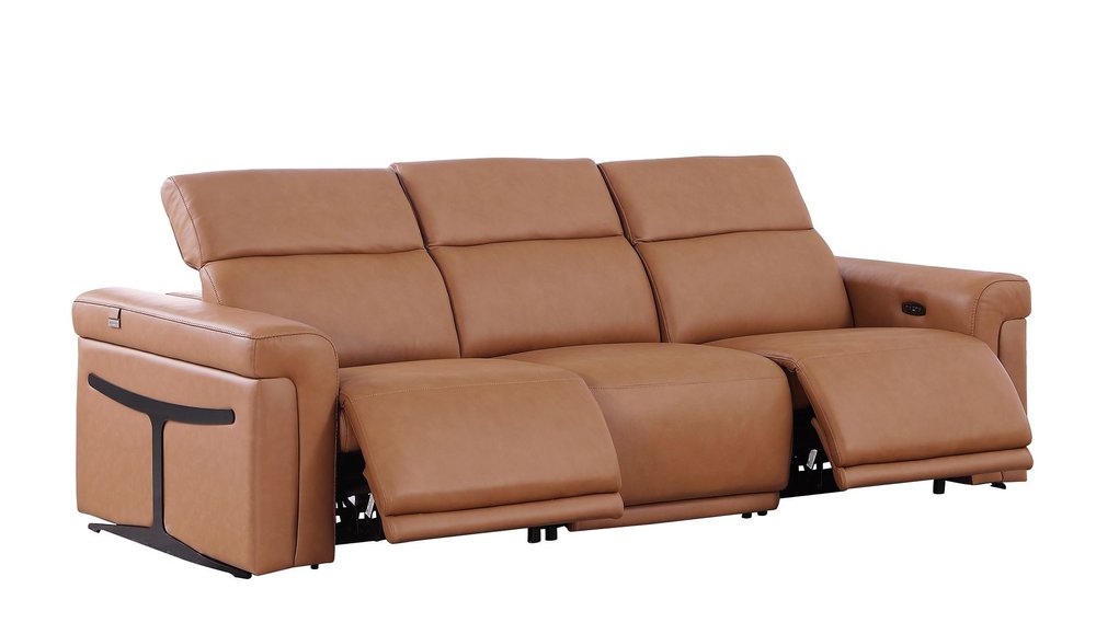 Beige Top Grain Leather Reclining Metal USB Sofa - 100-inch