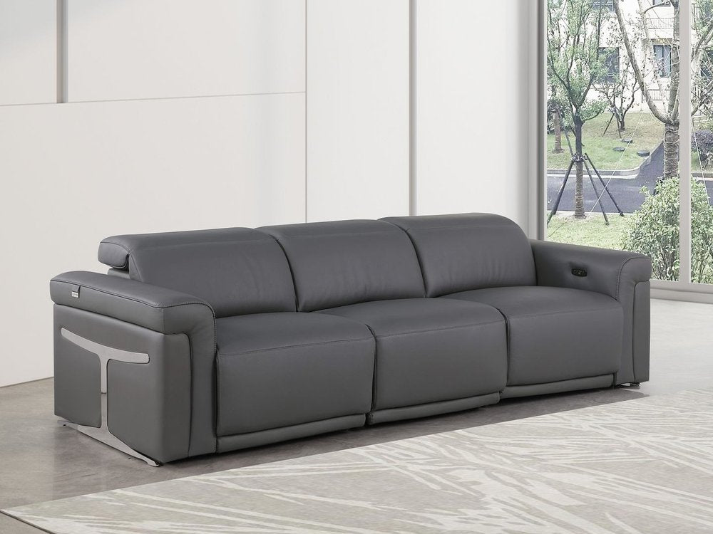 Beige Top Grain Leather Reclining Metal USB Sofa - 100-inch