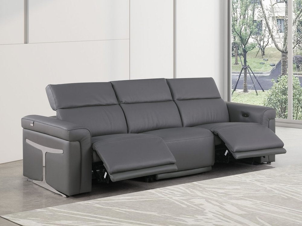 Beige Top Grain Leather Reclining Metal USB Sofa - 100-inch