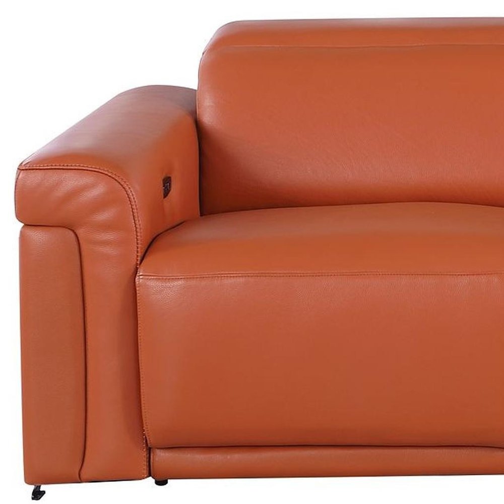 Beige Top Grain Leather Reclining Metal USB Sofa - 100-inch