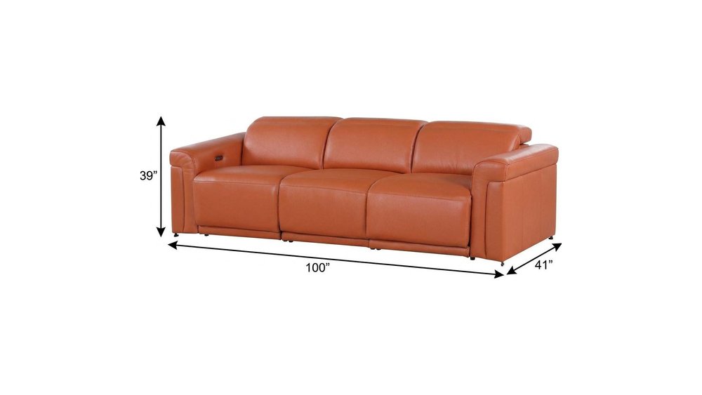 Beige Top Grain Leather Reclining Metal USB Sofa - 100-inch