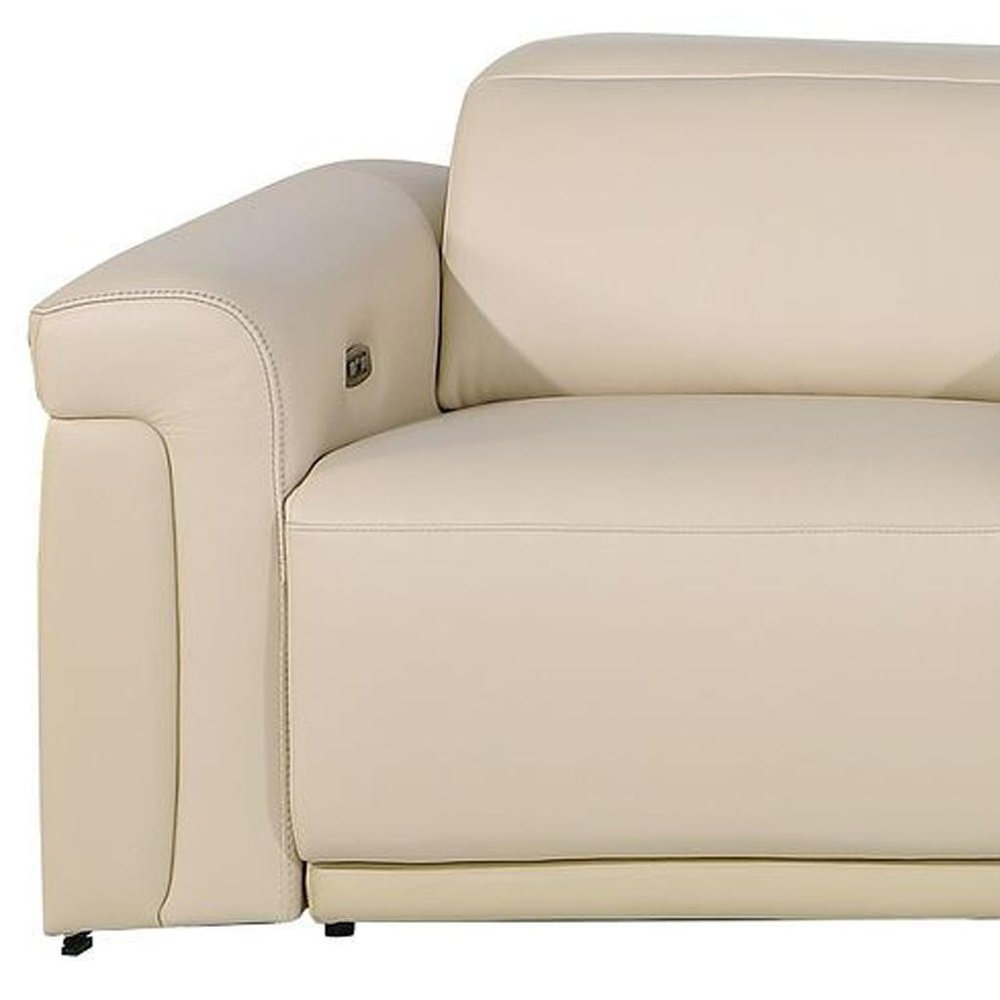 Beige Top Grain Leather Reclining Metal USB Sofa - 126-inch