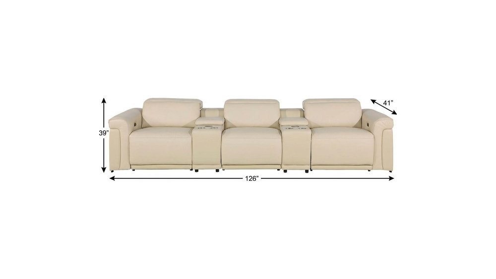 Beige Top Grain Leather Reclining Metal USB Sofa - 126-inch