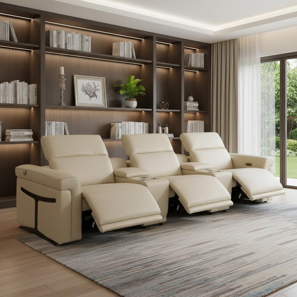 Beige Top Grain Leather Reclining Metal USB Sofa - 126-inch