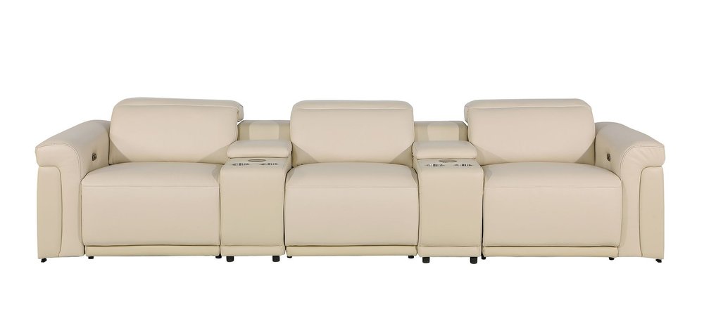 Beige Top Grain Leather Reclining Metal USB Sofa - 126-inch