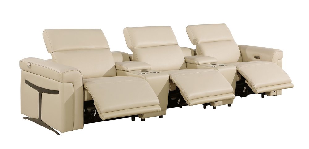 Beige Top Grain Leather Reclining Metal USB Sofa - 126-inch