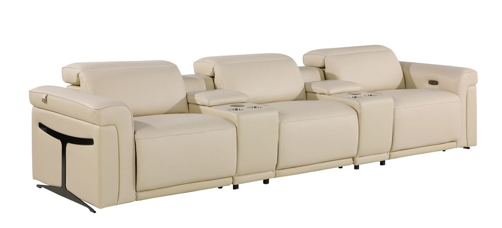 Beige Top Grain Leather Reclining Metal USB Sofa - 126-inch