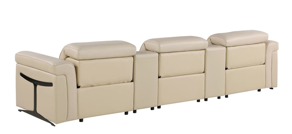 Beige Top Grain Leather Reclining Metal USB Sofa - 126-inch