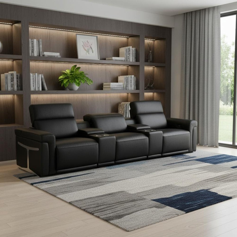 Beige Top Grain Leather Reclining Metal USB Sofa - 126-inch