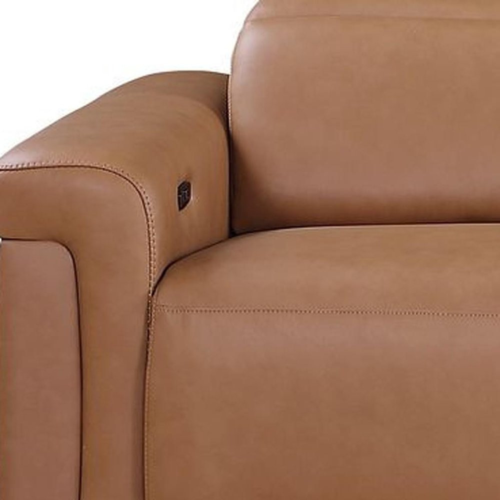 Beige Top Grain Leather Reclining Metal USB Sofa - 126-inch