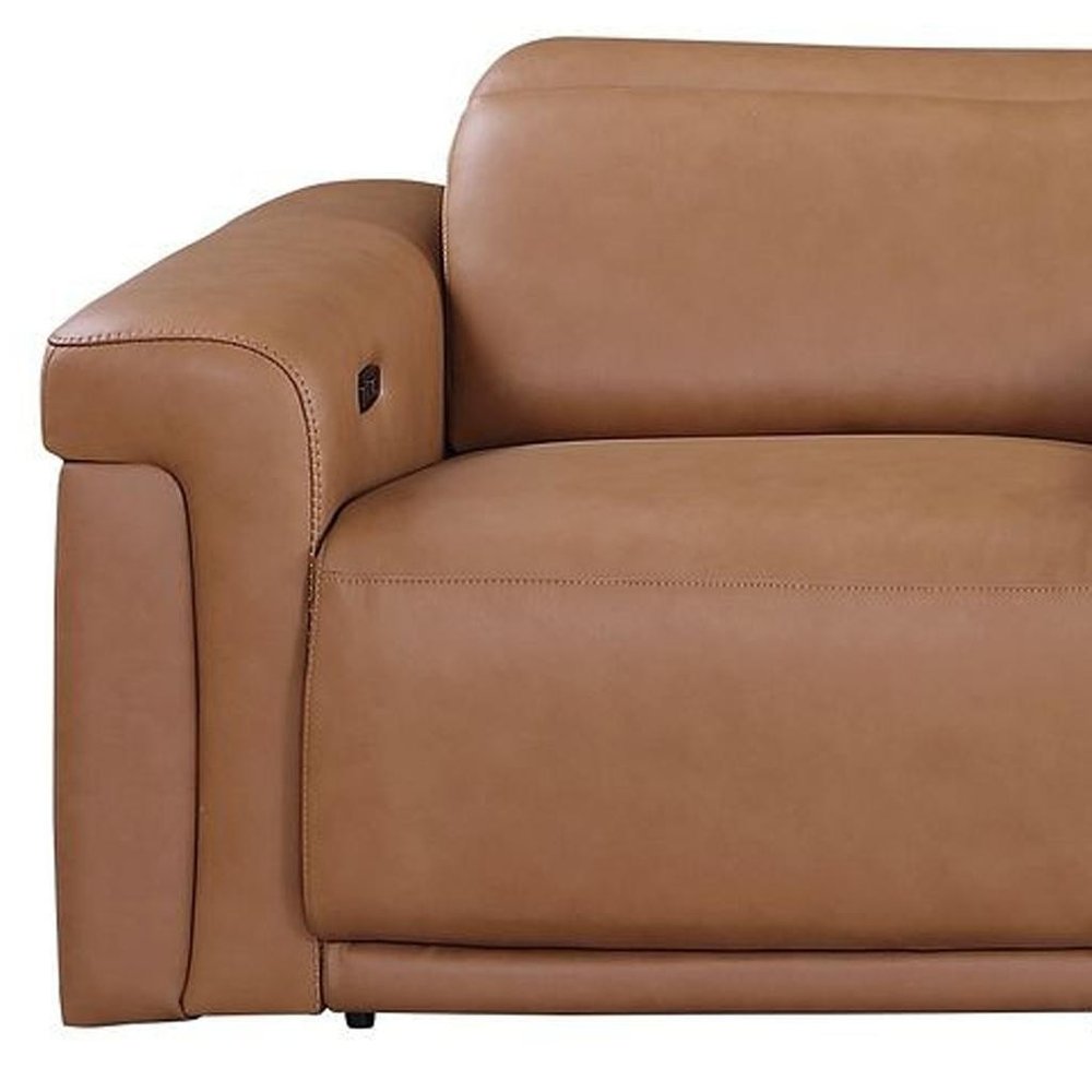 Beige Top Grain Leather Reclining Metal USB Sofa - 126-inch
