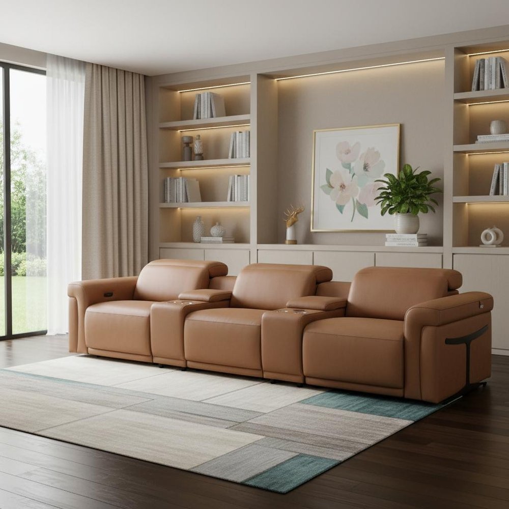 Beige Top Grain Leather Reclining Metal USB Sofa - 126-inch