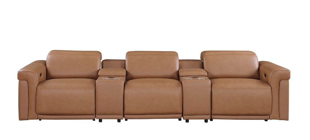 Beige Top Grain Leather Reclining Metal USB Sofa - 126-inch