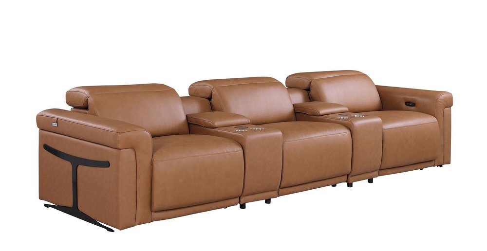 Beige Top Grain Leather Reclining Metal USB Sofa - 126-inch