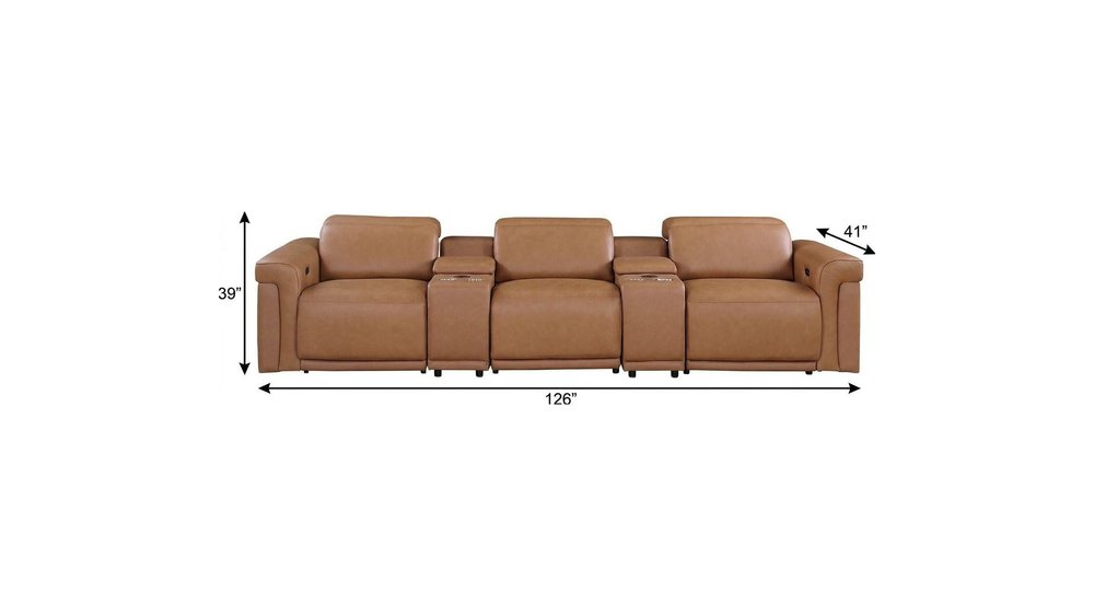 Beige Top Grain Leather Reclining Metal USB Sofa - 126-inch