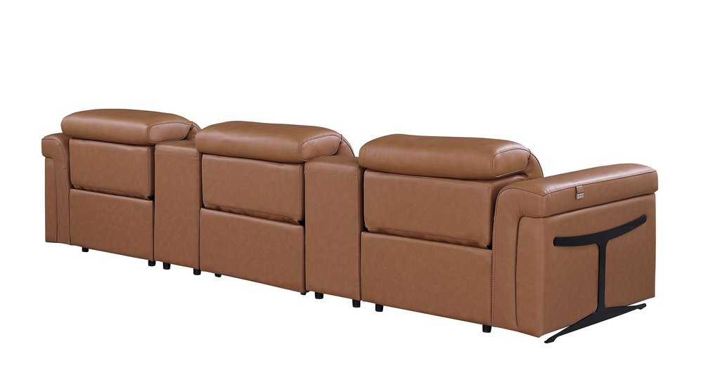 Beige Top Grain Leather Reclining Metal USB Sofa - 126-inch