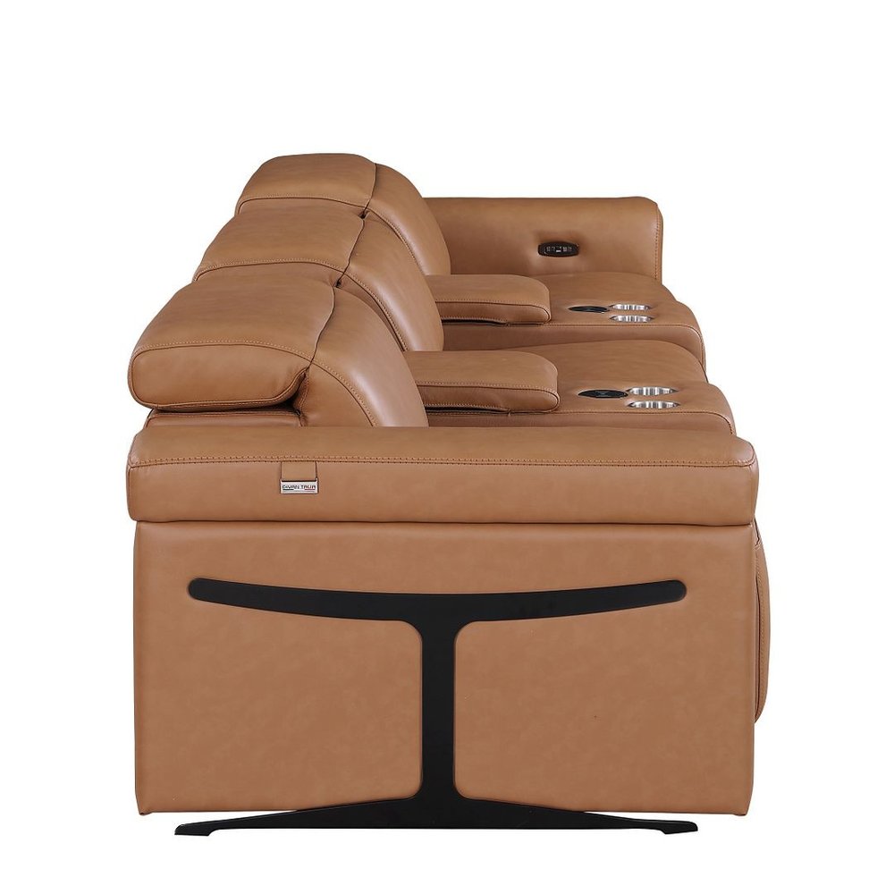 Beige Top Grain Leather Reclining Metal USB Sofa - 126-inch