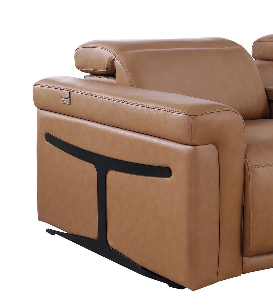 Beige Top Grain Leather Reclining Metal USB Sofa - 126-inch