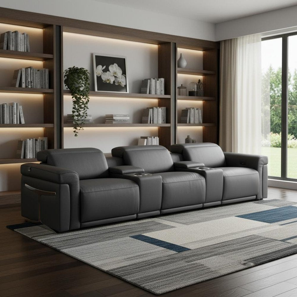 Beige Top Grain Leather Reclining Metal USB Sofa - 126-inch