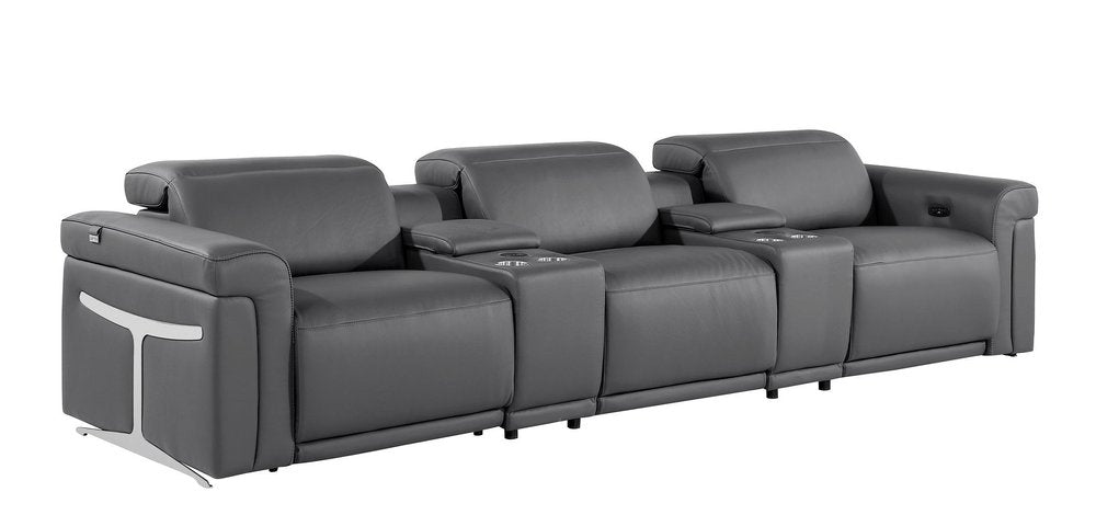 Beige Top Grain Leather Reclining Metal USB Sofa - 126-inch