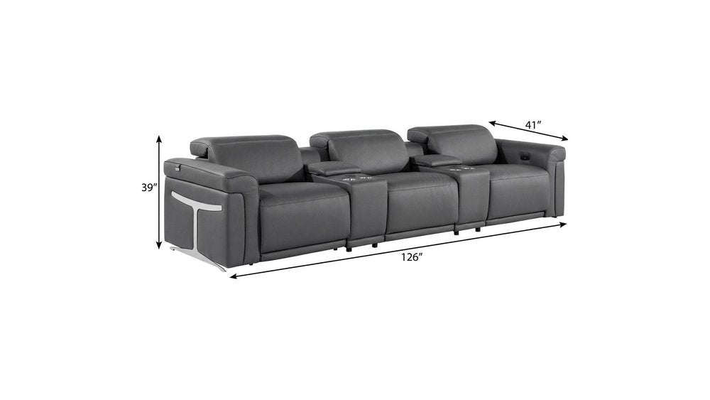 Beige Top Grain Leather Reclining Metal USB Sofa - 126-inch