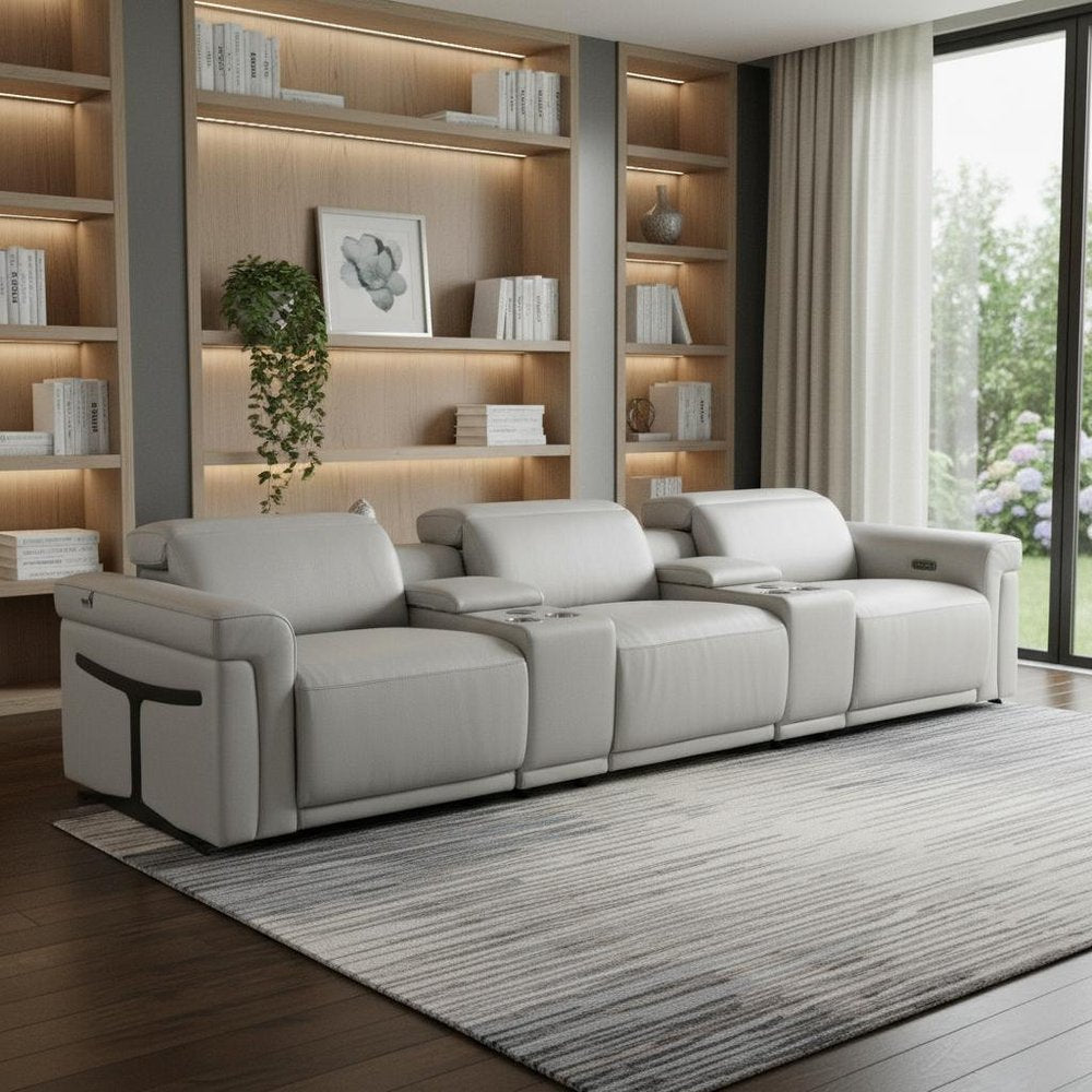 Beige Top Grain Leather Reclining Metal USB Sofa - 126-inch