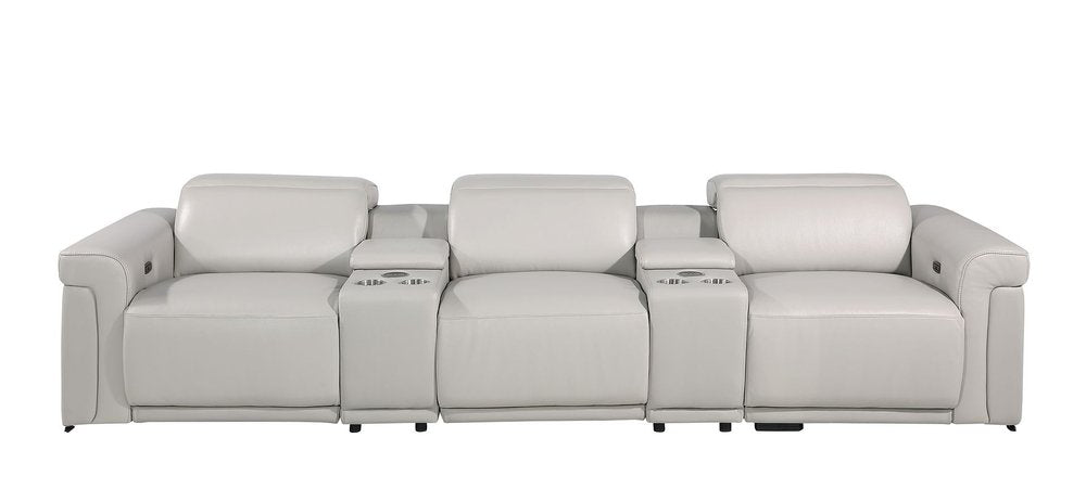 Beige Top Grain Leather Reclining Metal USB Sofa - 126-inch