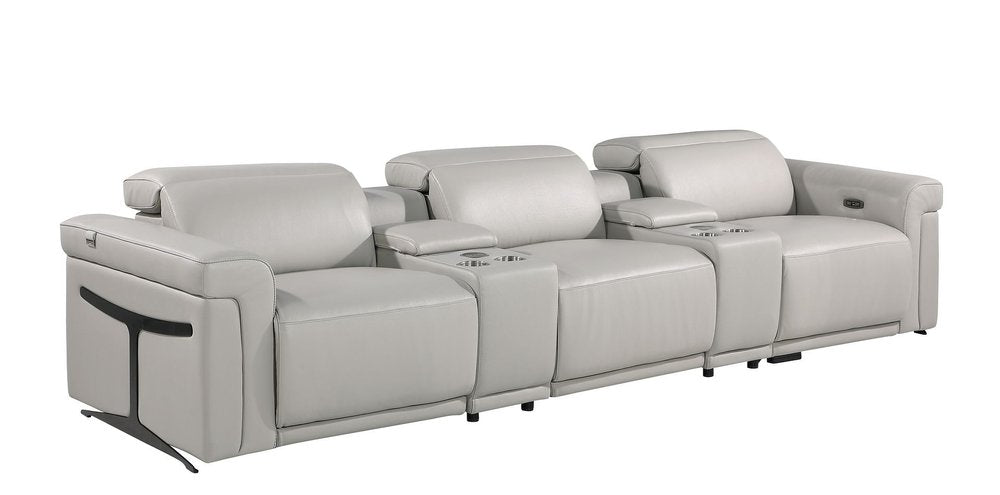 Beige Top Grain Leather Reclining Metal USB Sofa - 126-inch