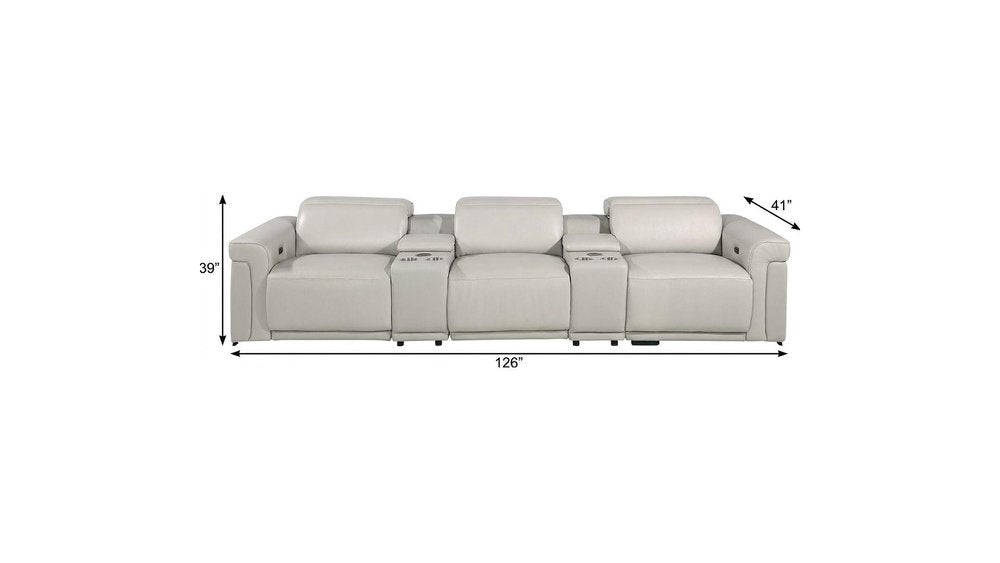 Beige Top Grain Leather Reclining Metal USB Sofa - 126-inch