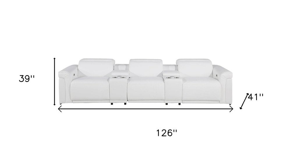 Beige Top Grain Leather Reclining Metal USB Sofa - 126-inch
