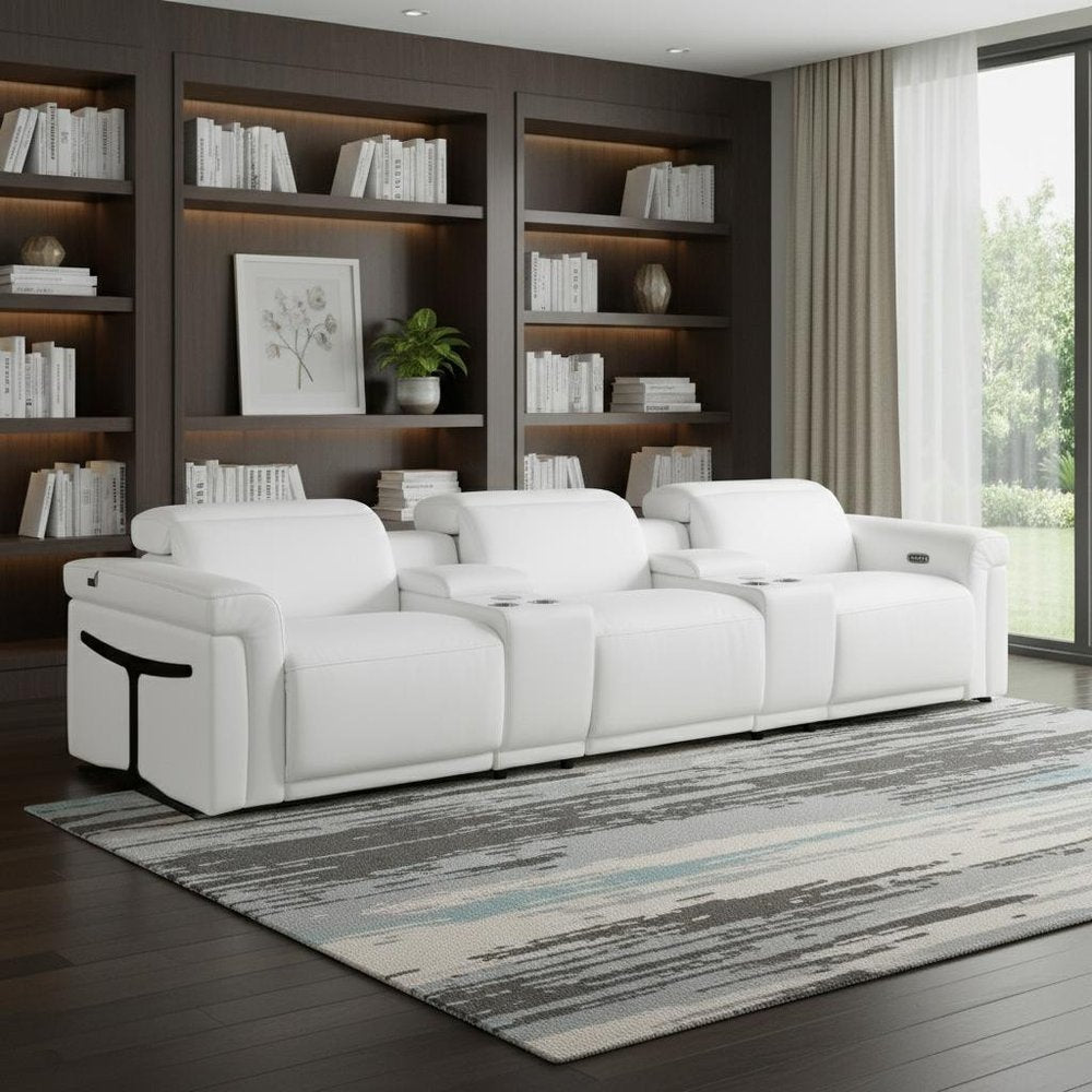 Beige Top Grain Leather Reclining Metal USB Sofa - 126-inch