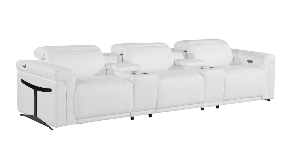Beige Top Grain Leather Reclining Metal USB Sofa - 126-inch