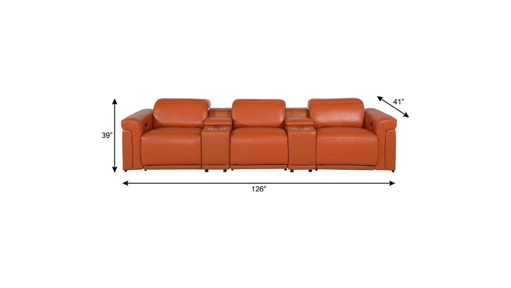 Beige Top Grain Leather Reclining Metal USB Sofa - 126-inch