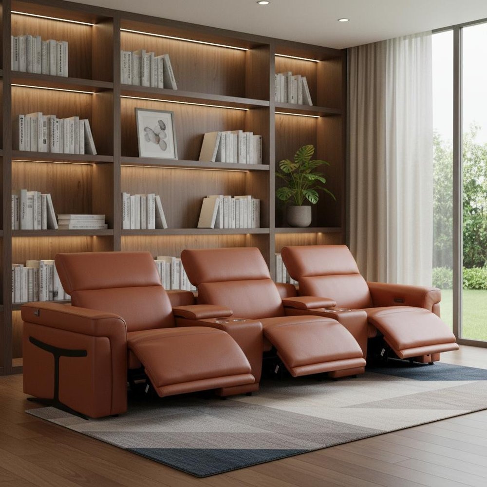 Beige Top Grain Leather Reclining Metal USB Sofa - 126-inch