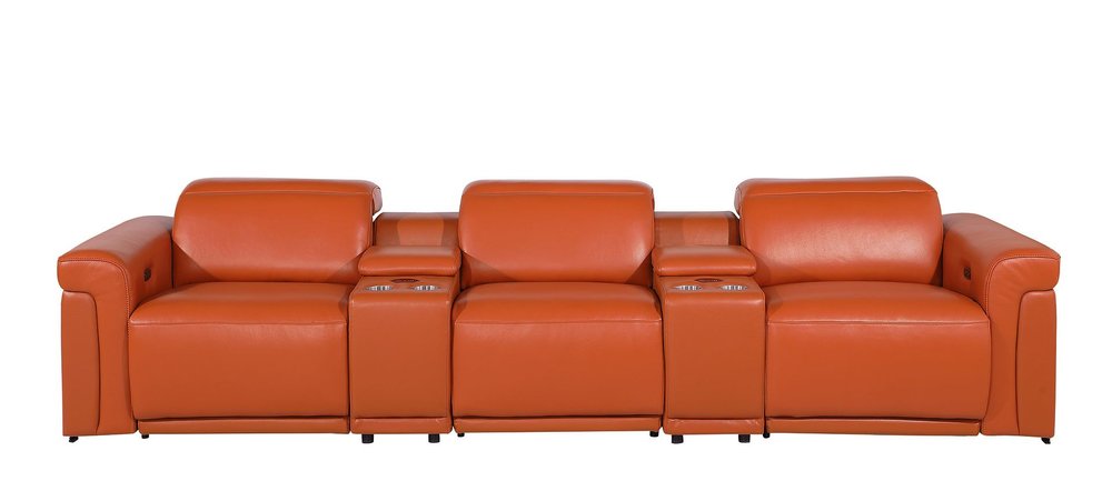 Beige Top Grain Leather Reclining Metal USB Sofa - 126-inch
