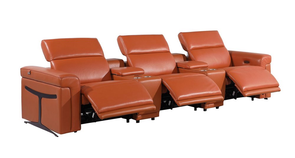 Beige Top Grain Leather Reclining Metal USB Sofa - 126-inch