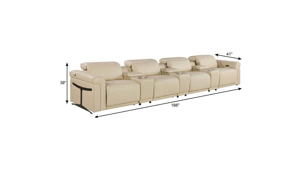Beige Top Grain Leather Reclining Metal USB Sofa - 166-inch