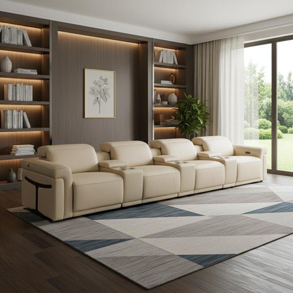 Beige Top Grain Leather Reclining Metal USB Sofa - 166-inch