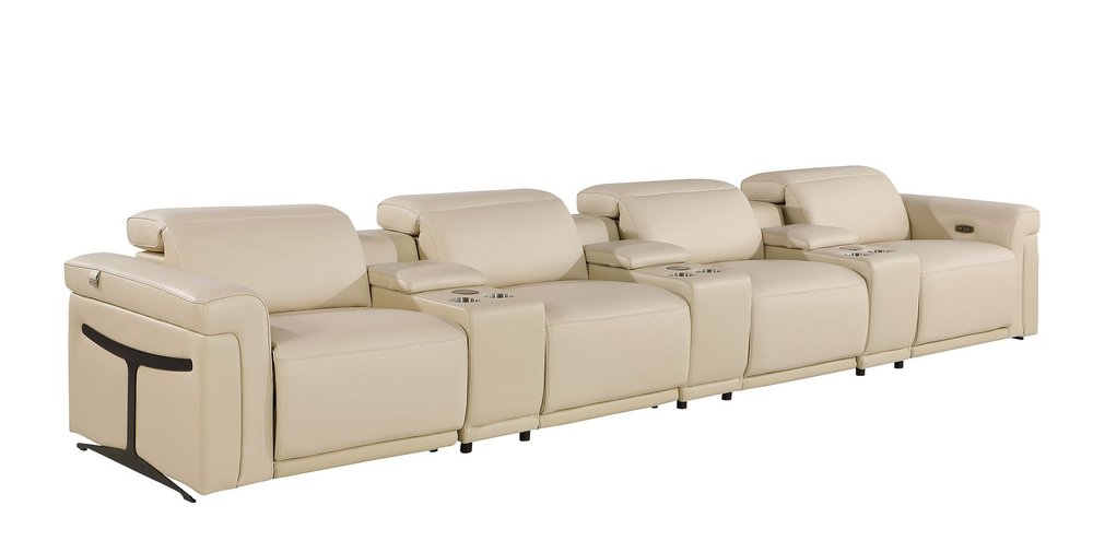 Beige Top Grain Leather Reclining Metal USB Sofa - 166-inch
