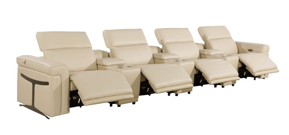 Beige Top Grain Leather Reclining Metal USB Sofa - 166-inch
