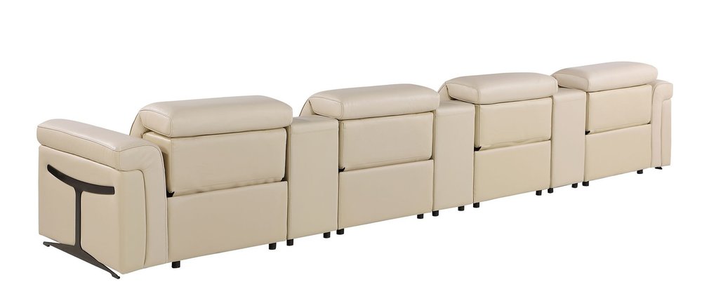 Beige Top Grain Leather Reclining Metal USB Sofa - 166-inch