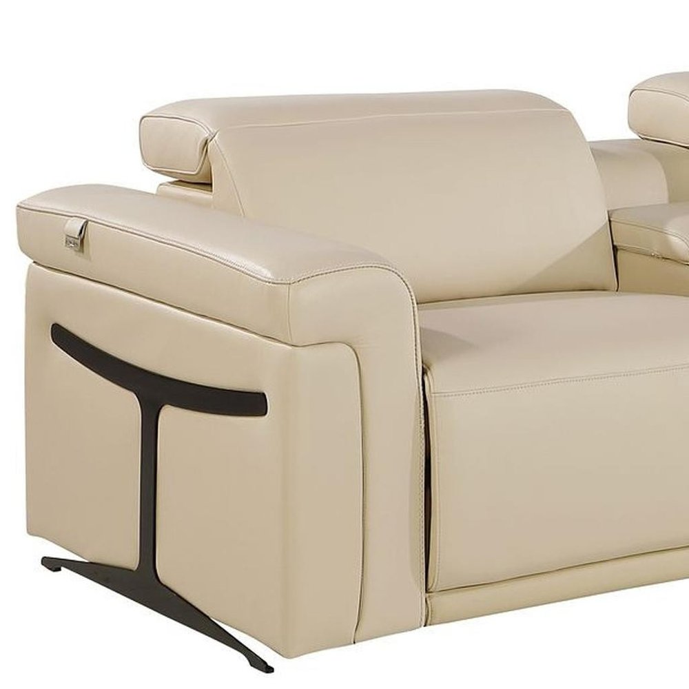 Beige Top Grain Leather Reclining Metal USB Sofa - 166-inch