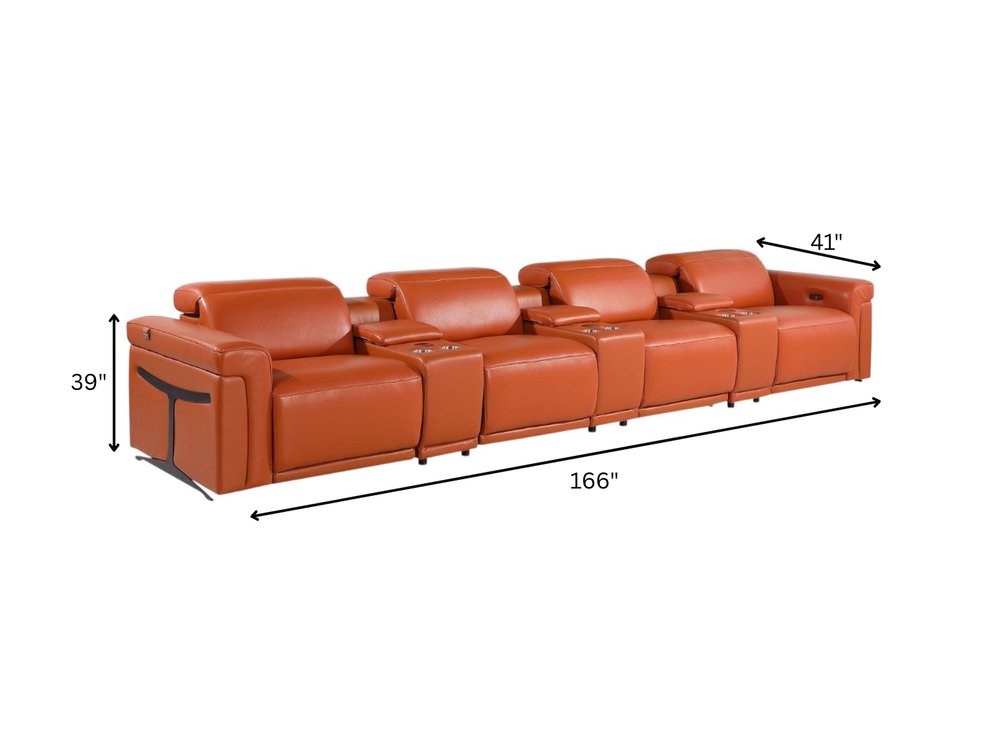 Beige Top Grain Leather Reclining Metal USB Sofa - 166-inch