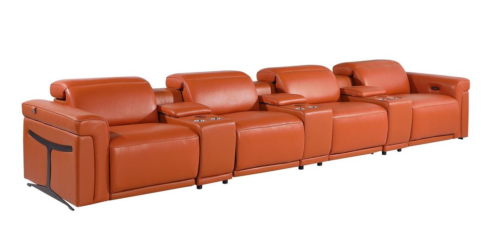 Beige Top Grain Leather Reclining Metal USB Sofa - 166-inch
